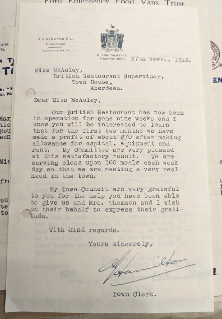 Letter describing success of a British Restaurant