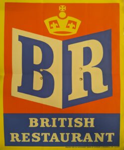 Poster for British Restaurants showing large capital letters B and R, with a crown motif above.