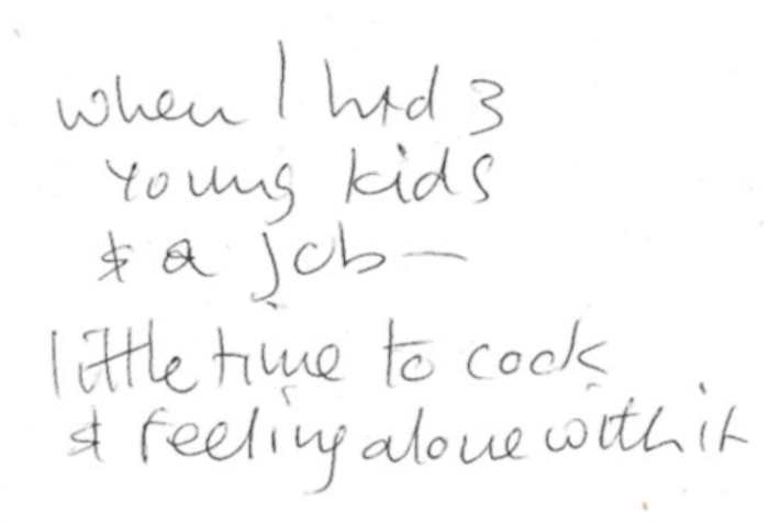 Notes which reads: "when I had 3 young kids & a job – little time to cook & feeling alone with it"