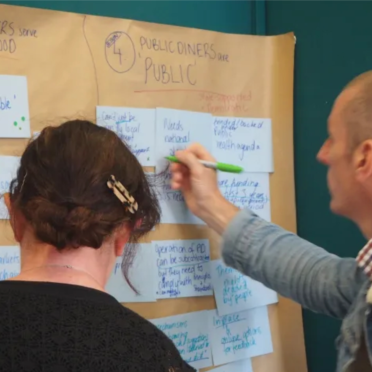 Two people work together with post-it notes on a wall, thinking about Public Diners
